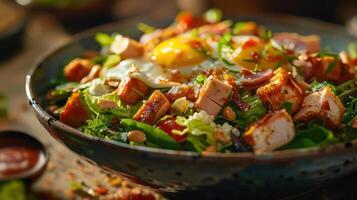 Egg-topped salad filled with greens, topped with crispy bacon bits and sprinkled with fresh herbs. photo