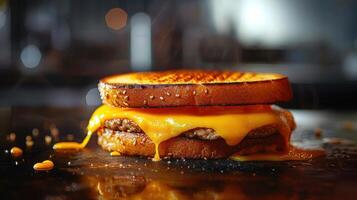 Photo of a delicious cheesy sandwich with golden-brown crust, melted cheese, and meat on top.