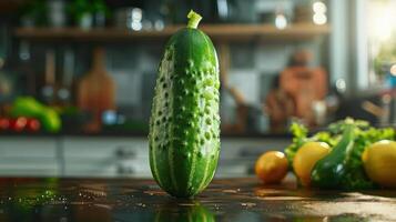 A green cucumber sitting on a kitchen counter in the foreground with vegetables and cooking utensils in the background. photo