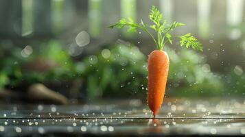 A carrot growing out of the ground during rain. photo