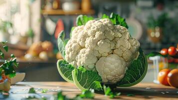 A whole head of cauliflower, sitting on a kitchen counter. photo