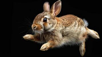 A rabbit in mid-air, running swiftly with a look of intense focus. photo