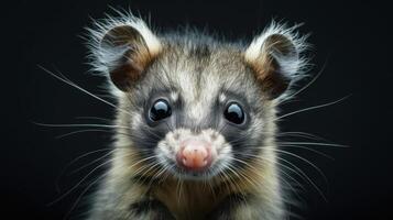 A close-up image of a pet rat with exaggerated features, sitting on top of a blurred background. photo