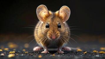 A small brown mouse sitting on a ground with some yellow flowers around it. photo