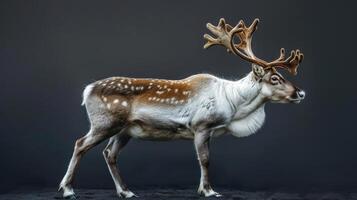 A close-up photograph of a reindeer with full antlers. photo