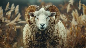 A close-up of a horned ram standing in tall grass. photo