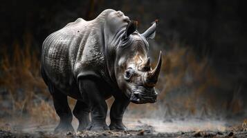 A baby rhino wandering through a foggy field, with smoke rising from the ground. photo