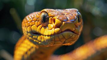 Close-up of a rattlesnake with striking yellow and black patterned skin, showing its venomous fangs and alert gaze. photo