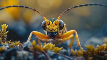 A close-up photo of a colorful yellow and black insect crawling over moss.