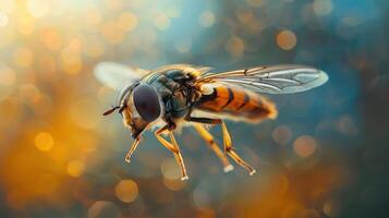 captures the delicate moment of a bee in flight, set against a backdrop that creates an artistic bokeh effect. photo