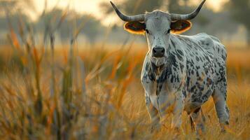 A cow with horns standing in tall grass photo