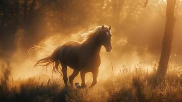 A majestic horse galloping under a beautiful sunset, creating a serene and peaceful atmosphere. photo