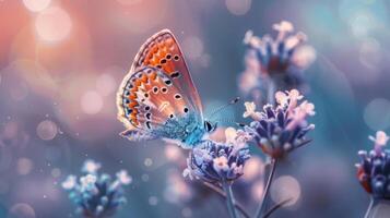 A beautiful butterfly with vibrant colors perched on a purple and white flower. photo