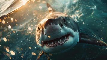 A close-up view of an oceanic shark swimming under water. photo
