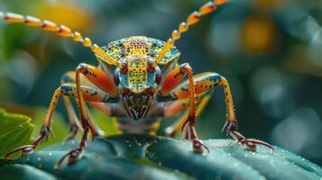 A close up image of a colorful beetle with intricate markings. photo