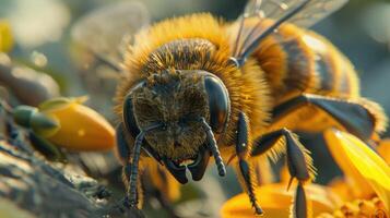 A close up of a bee on a flower photo