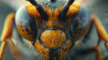 Close up of a wasp's face with black and yellow spots photo