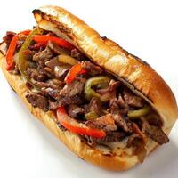 Close up view of a sandwich on a bun with steak, cheese, and veggies. photo