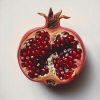 A photograph of a pomegranate with its seeds exposed, showcasing the deep red color. photo