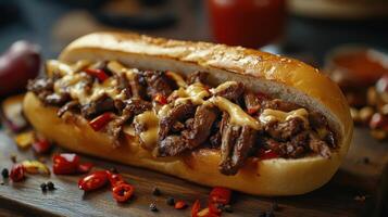 A beef sandwich with cheese and peppers on a wooden board photo
