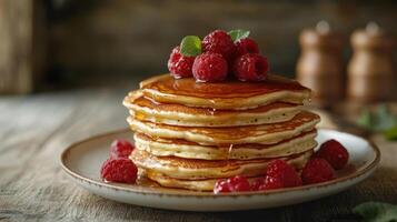 Stack of pancakes with raspberries on top photo