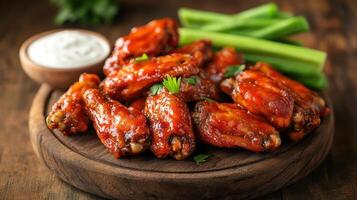 Chicken wings with ranch sauce and celery on a wooden plate photo
