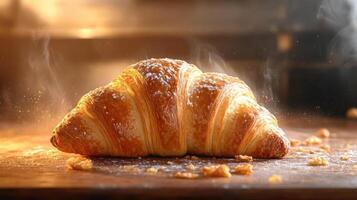 A croissant is sitting on a table with steam coming out of it photo