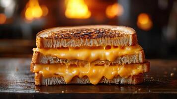 A grilled cheese sandwich is sitting on a table photo