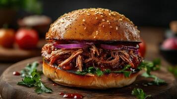 Bbq pulled pork sandwich on a bun with lettuce and onions photo