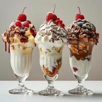 Three different flavored ice cream sundaes in tall glasses, each with a colorful topping. photo