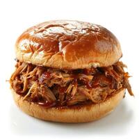 A close-up view of a mouthwatering barbecue sandwich, ready to be enjoyed. photo