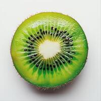 A round and vibrant fresh kiwi fruit with its distinctive pattern of black and green seeds visible. photo