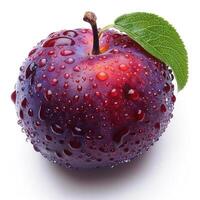 An apple covered in raindrops and dew, looking fresh and juicy. photo