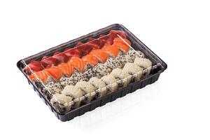 Sushi set in a delivery box on a white background photo