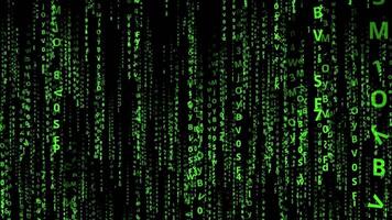 The matrix code is shown in green on a black background video