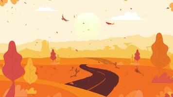 Autumn calming Landscape leaves falling and birds flying in the free land, 3d parallax animation calming beautiful nature. video