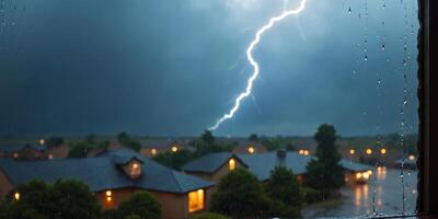 Lightning Storm Rain Through Window With Houses in Background photo