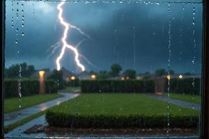 Lightning Storm Through Window with Rain and Blurred Backyard photo