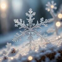 Closeup of a Delicate Snowflake in Winter Snow with Bokeh Lights photo