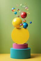 Colorful Abstract Geometric Shapes with Floating Bubbles on Green Background photo