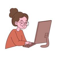Girl Employee Worker Cartoon Character Wearing Glasses Typing on Keyboard Working with Computer vector