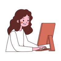 Girl Freelancer Cartoon Character Typing on Keyboard Working with Computer While Smiling vector