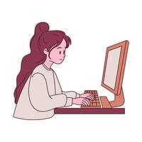Girl Employee Cartoon Character Typing on Keyboard Working with Computer at Office vector
