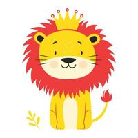 Adorable Lion Leo Animal Cartoon Character Wearing King Crown in the Jungle with Smile Expression vector