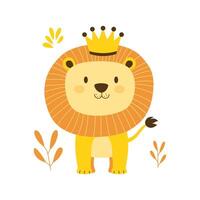 Adorable Lion Leo Animal Cartoon Character Wearing King Crown in the Forest with Happy Expression vector