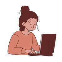 Young Girl Cartoon Character Typing on Keyboard Working with Computer at Office vector