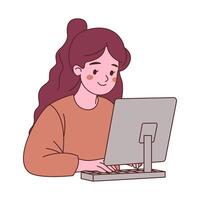 Girl Staff Cartoon Character Typing on Keyboard Working with Computer vector