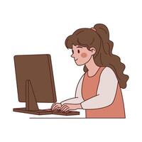 Girl Employee Cartoon Typing on Keyboard Working with Computer vector