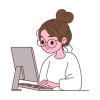 Cute Girl Employee Cartoon Character Typing on Keyboard Working with Computer vector