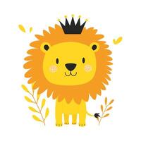 Adorable Lion Leo Animal Cartoon Character Wearing King Crown in the Jungle with Smiling Expression vector